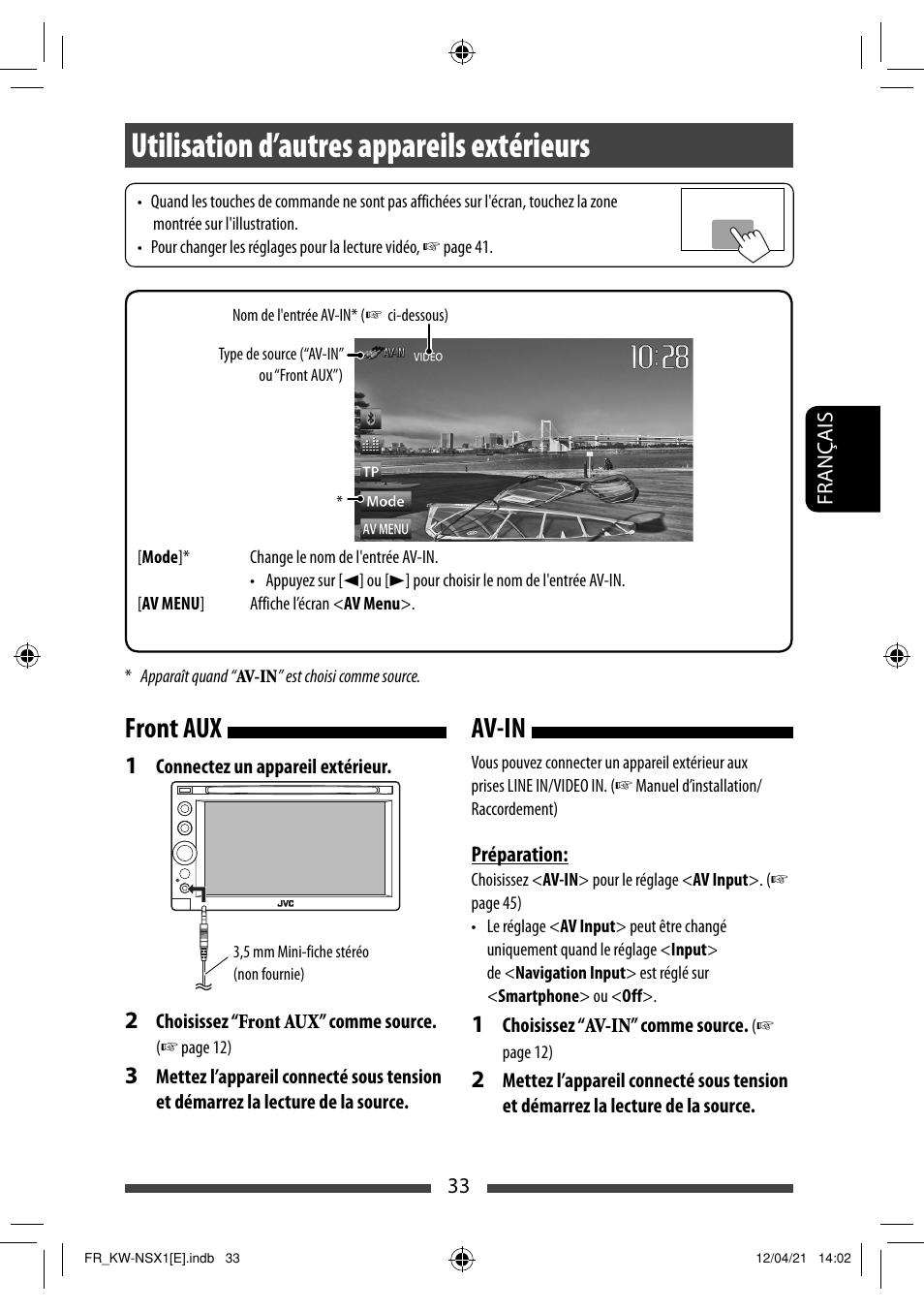 Utilisation d’autres appareils extérieurs, Av-in front aux | JVC KW-NSX1 User Manual | Page 173 / 282