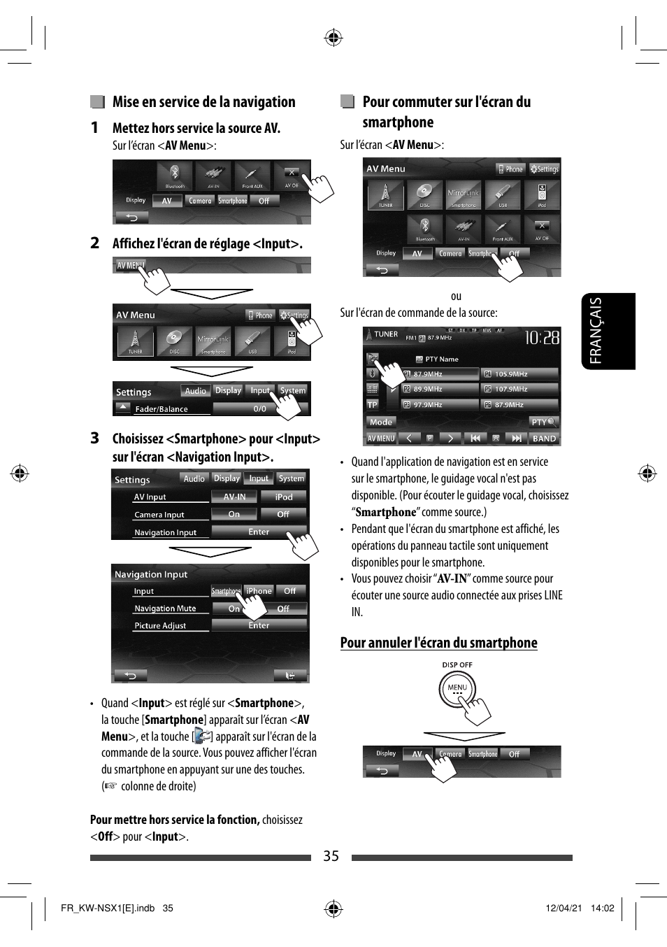 Mise en service de la navigation, Pour commuter sur l'écran du smartphone | JVC KW-NSX1 User Manual | Page 175 / 282