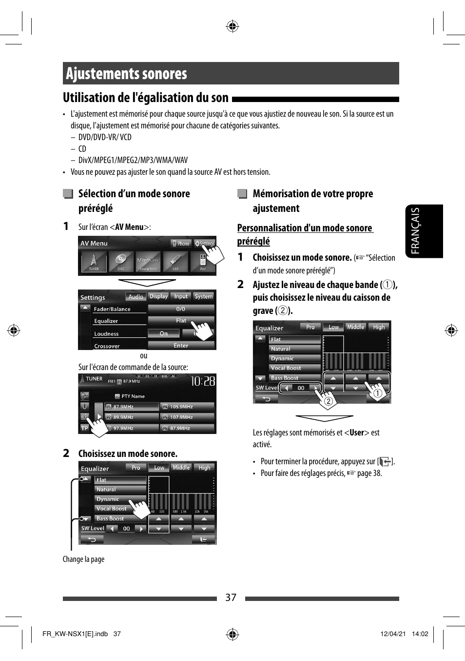 Ajustements sonores, Utilisation de l'égalisation du son | JVC KW-NSX1 User Manual | Page 177 / 282