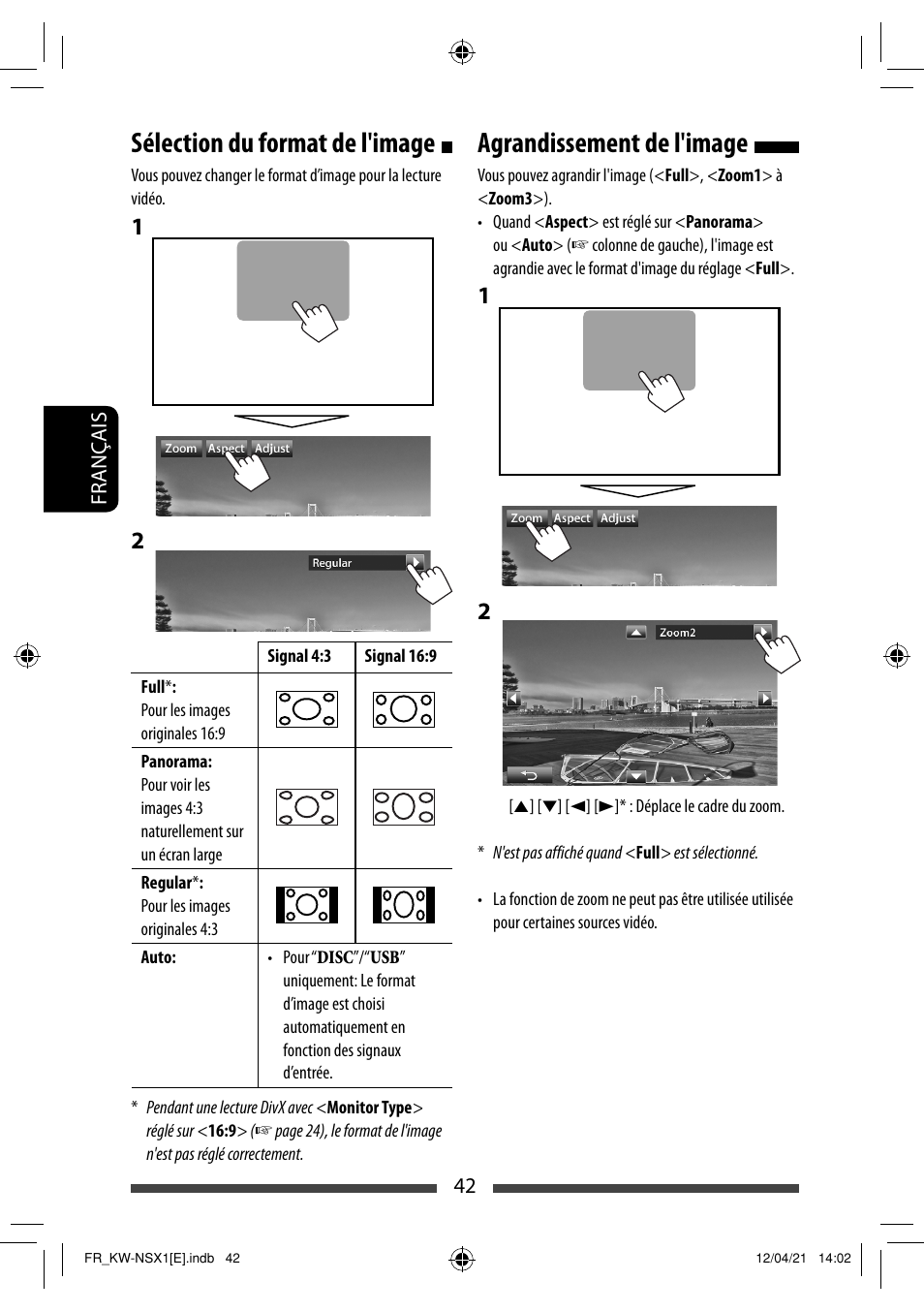 Sélection du format de l'image, Agrandissement de l'image | JVC KW-NSX1 User Manual | Page 182 / 282