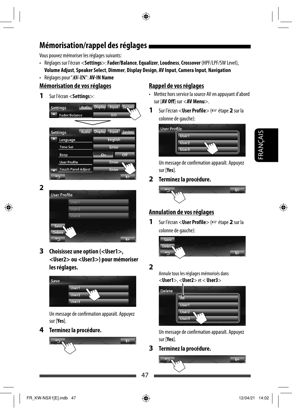 Mémorisation/rappel des réglages | JVC KW-NSX1 User Manual | Page 187 / 282