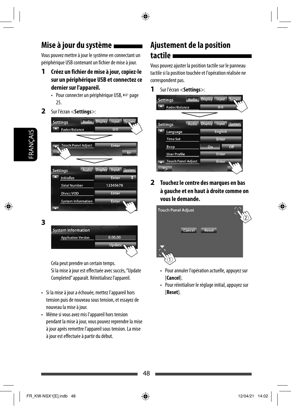 Mise à jour du système, Ajustement de la position tactile | JVC KW-NSX1 User Manual | Page 188 / 282