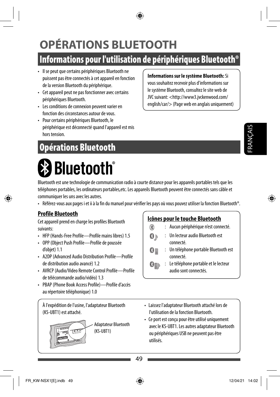 Opérations bluetooth | JVC KW-NSX1 User Manual | Page 189 / 282