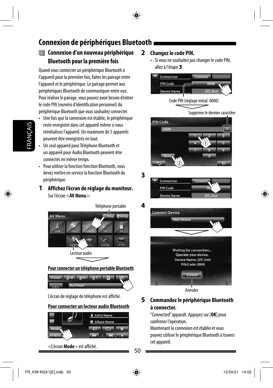 Connexion de périphériques bluetooth | JVC KW-NSX1 User Manual | Page 190 / 282