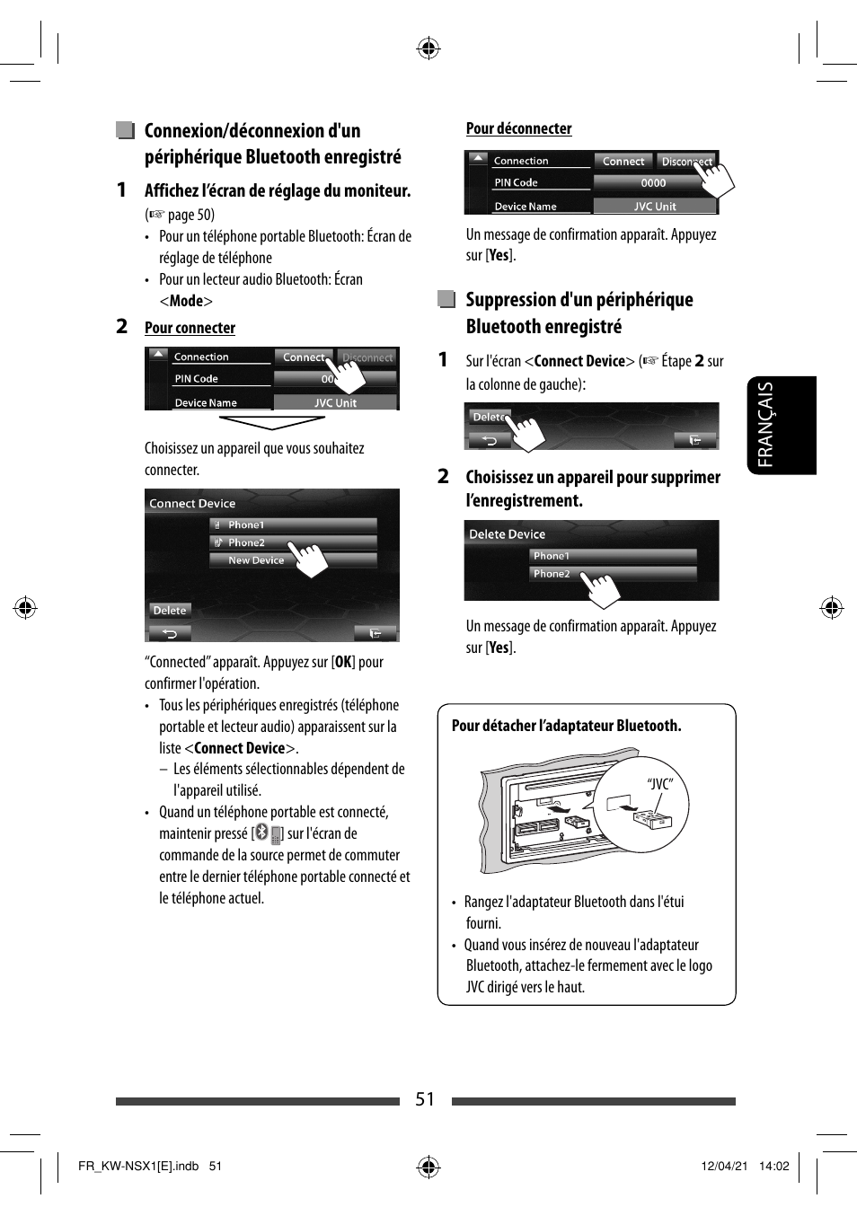 Suppression d'un périphérique bluetooth enregistré | JVC KW-NSX1 User Manual | Page 191 / 282