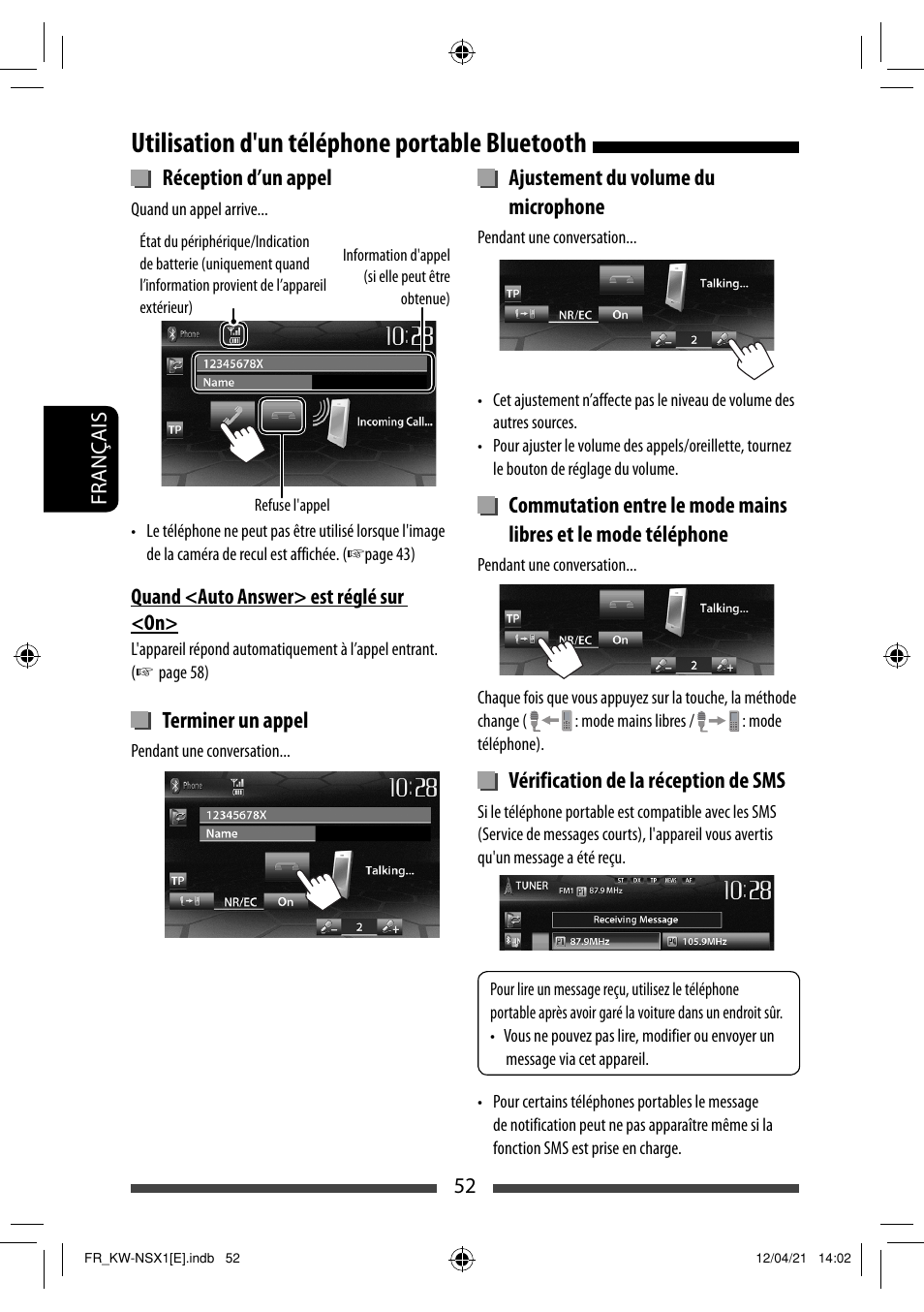 Utilisation d'un téléphone portable bluetooth, Réception d’un appel, Terminer un appel | Ajustement du volume du microphone, Vérification de la réception de sms | JVC KW-NSX1 User Manual | Page 192 / 282