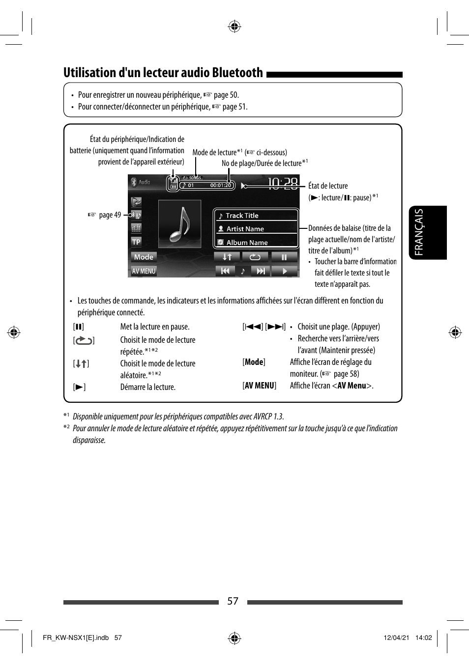 Utilisation d'un lecteur audio bluetooth, 57 français | JVC KW-NSX1 User Manual | Page 197 / 282