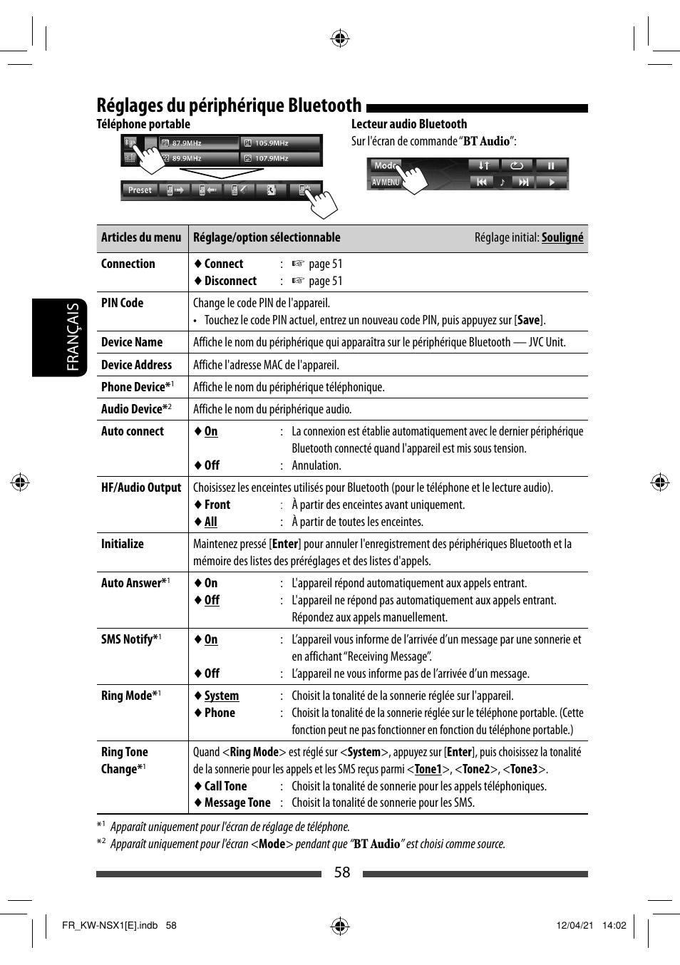 Réglages du périphérique bluetooth, 58 français | JVC KW-NSX1 User Manual | Page 198 / 282