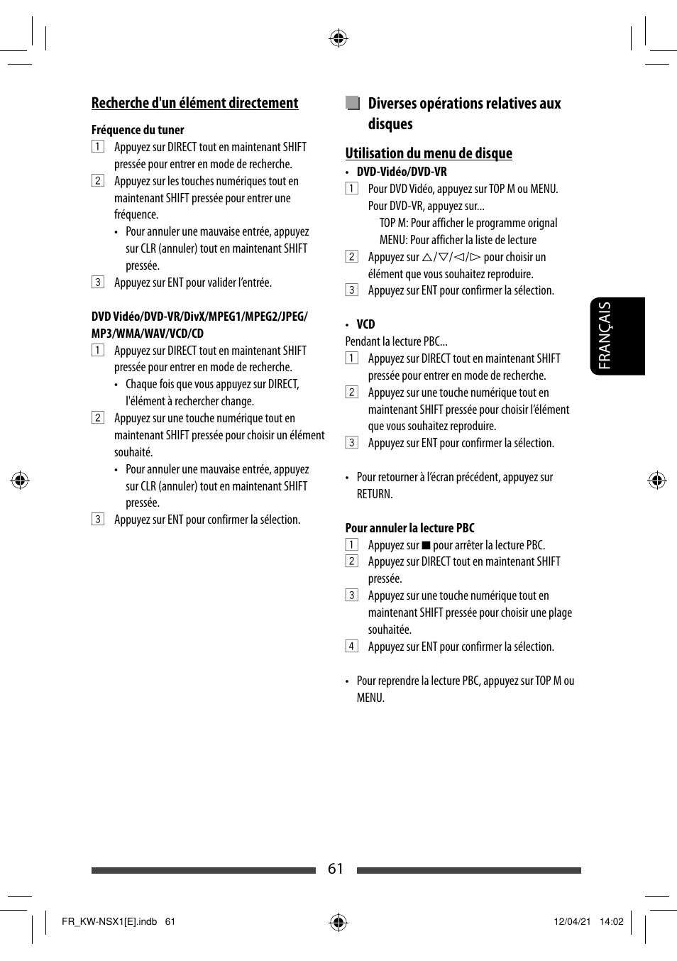 Diverses opérations relatives aux disques | JVC KW-NSX1 User Manual | Page 201 / 282