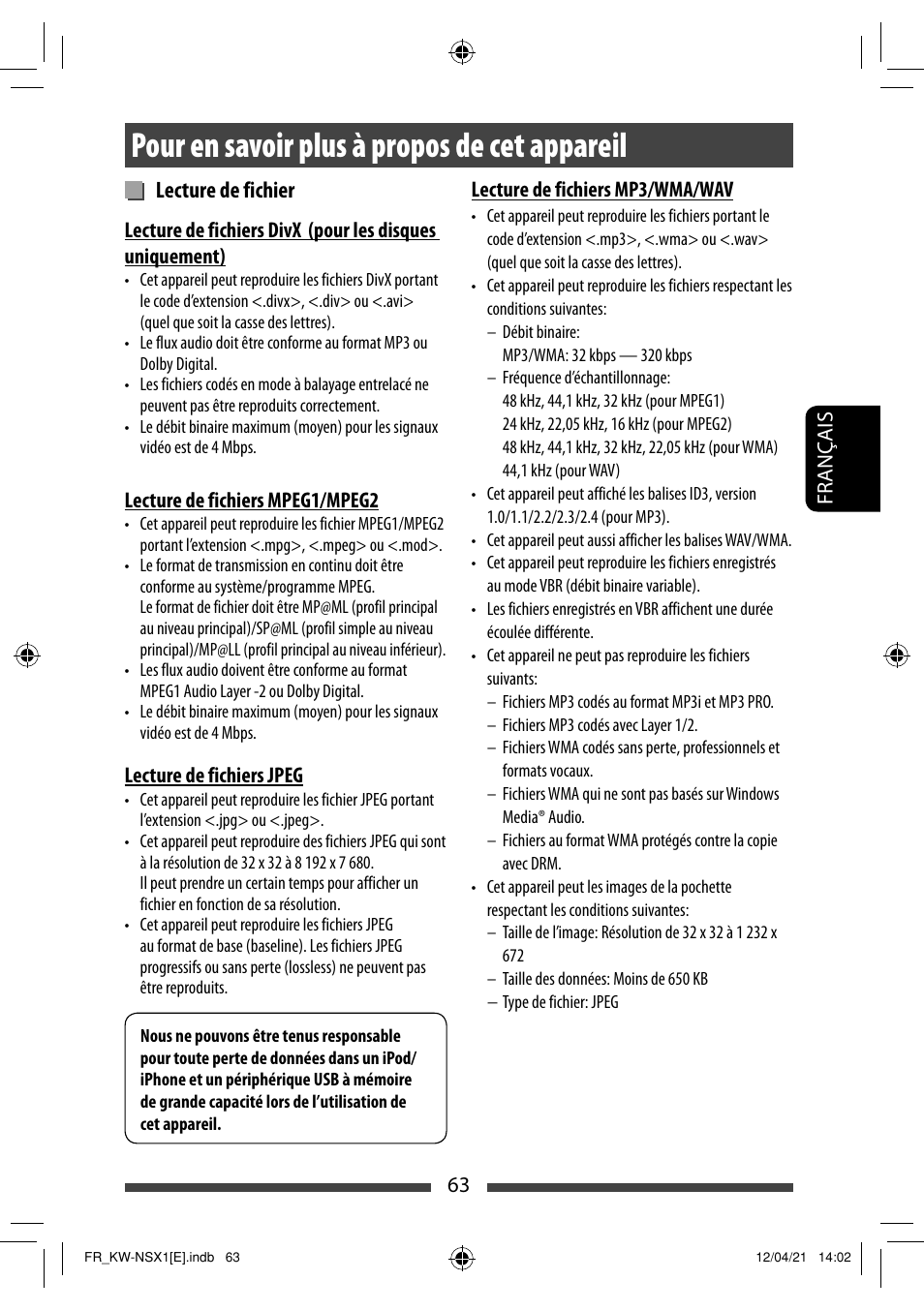 Pour en savoir plus à propos de cet appareil, Lecture de fichier | JVC KW-NSX1 User Manual | Page 203 / 282