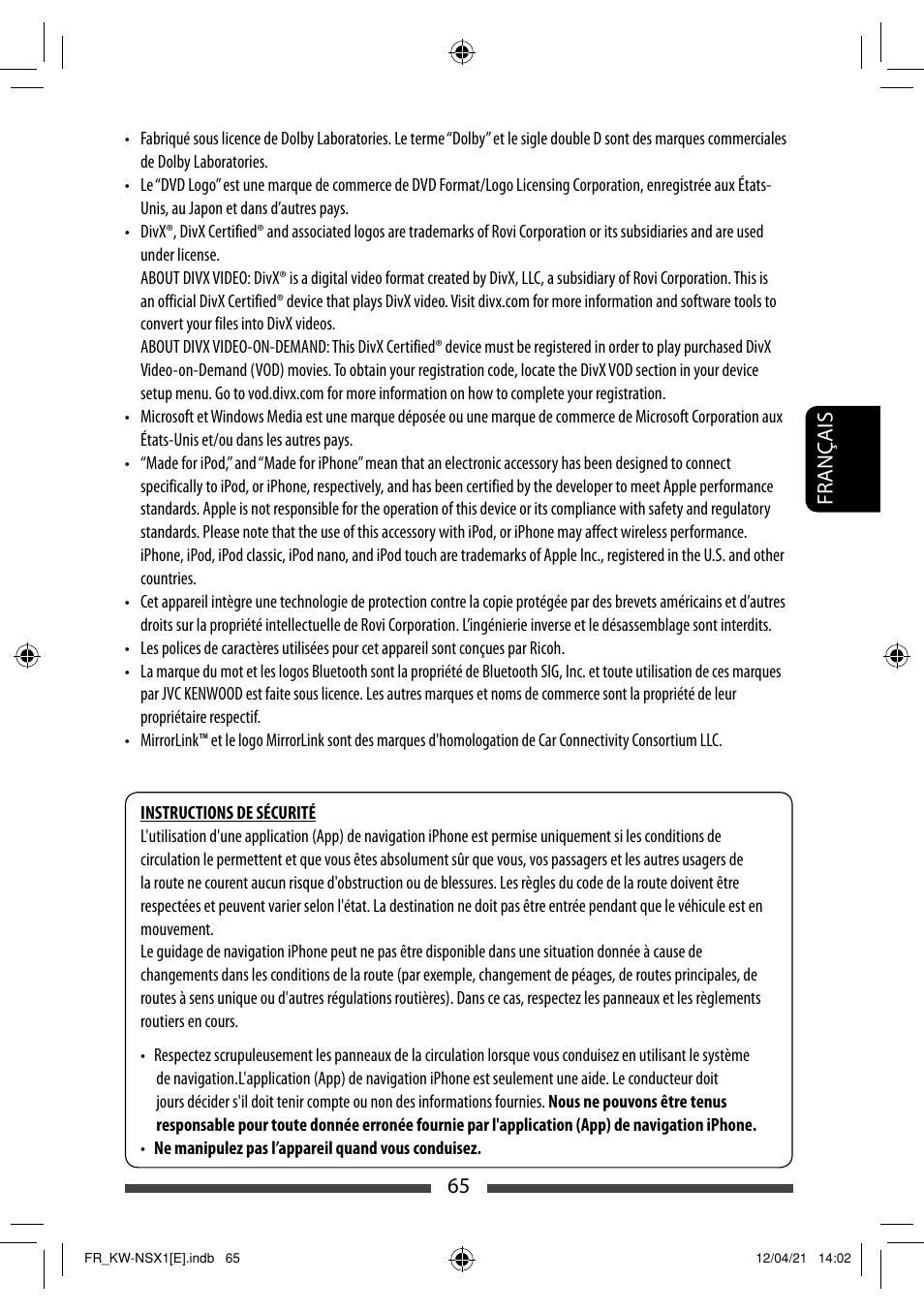 65 français | JVC KW-NSX1 User Manual | Page 205 / 282