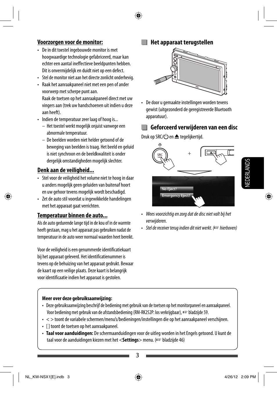 Het apparaat terugstellen, Geforceerd verwijderen van een disc | JVC KW-NSX1 User Manual | Page 213 / 282