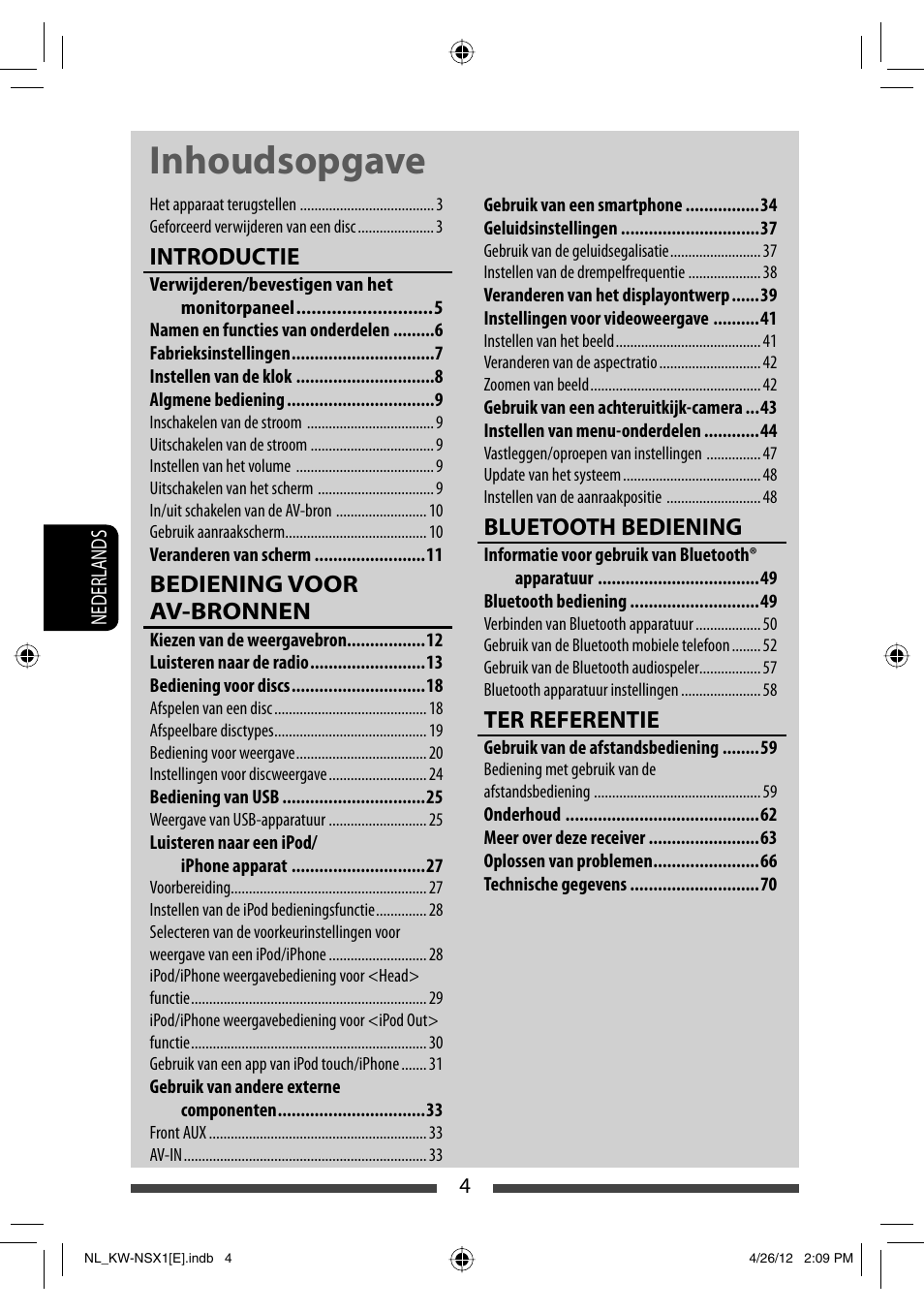 Inhoudsopgave, Introductie, Bediening voor av-bronnen | Bluetooth bediening, Ter referentie | JVC KW-NSX1 User Manual | Page 214 / 282