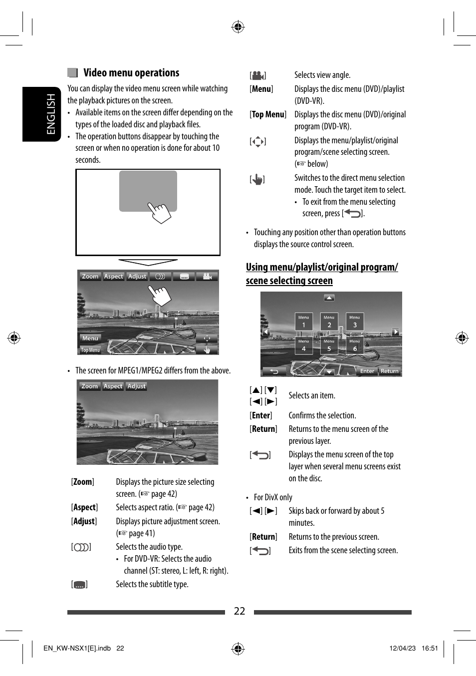 Video menu operations | JVC KW-NSX1 User Manual | Page 22 / 282