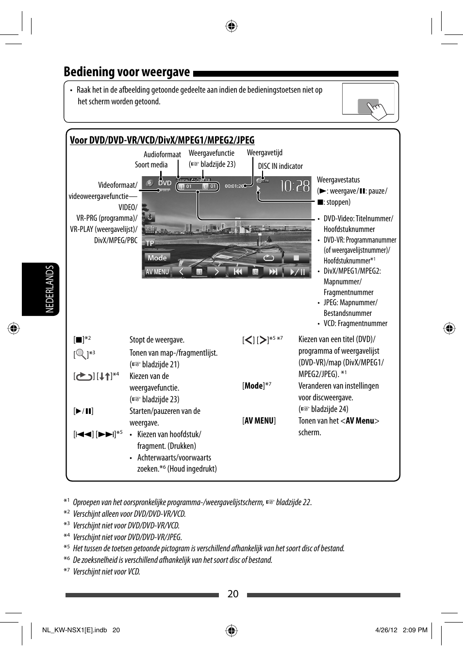 Bediening voor weergave, 20 nederlands, Voor dvd/dvd-vr/vcd/divx/mpeg1/mpeg2/jpeg | JVC KW-NSX1 User Manual | Page 230 / 282