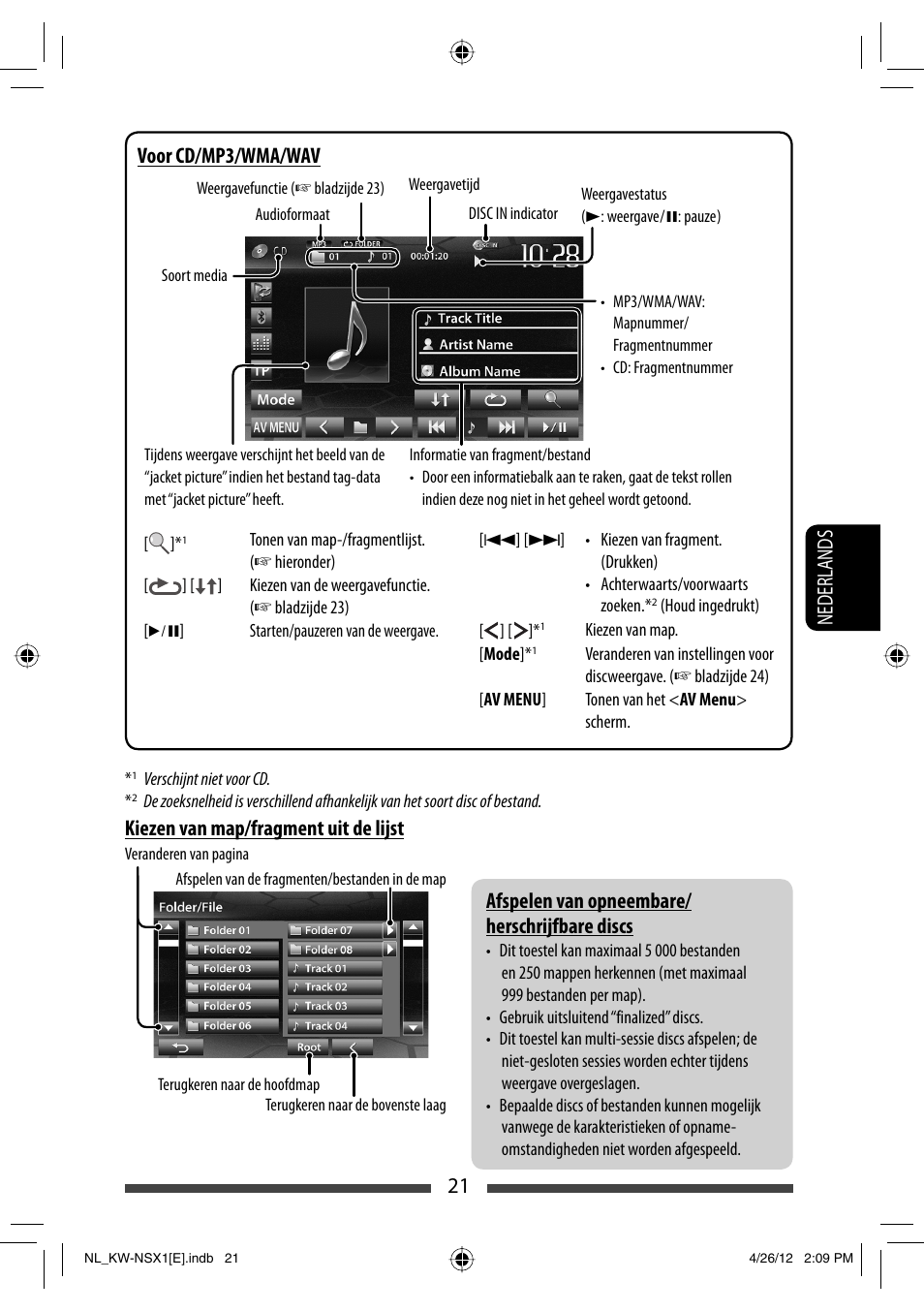 Kiezen van map/fragment uit de lijst, Voor cd/mp3/wma/wav | JVC KW-NSX1 User Manual | Page 231 / 282