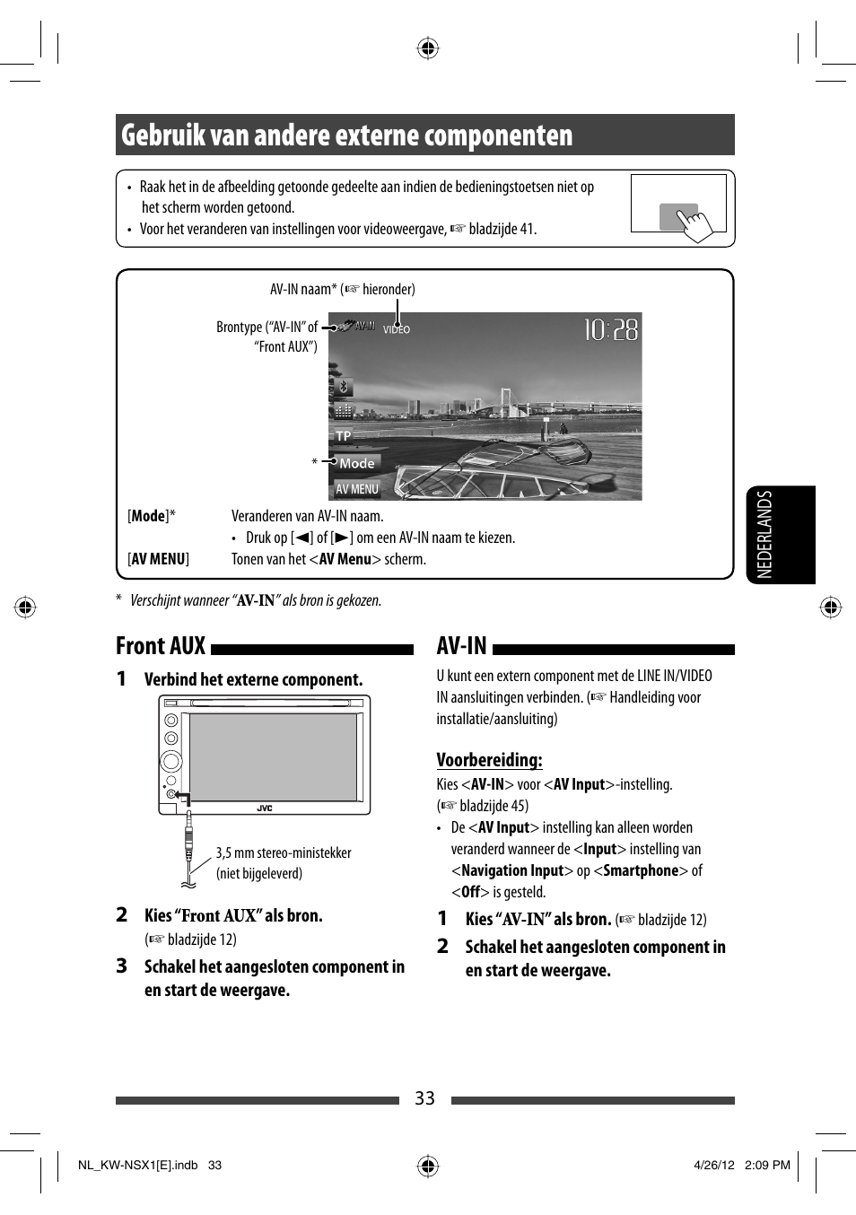 Gebruik van andere externe componenten, Av-in front aux | JVC KW-NSX1 User Manual | Page 243 / 282