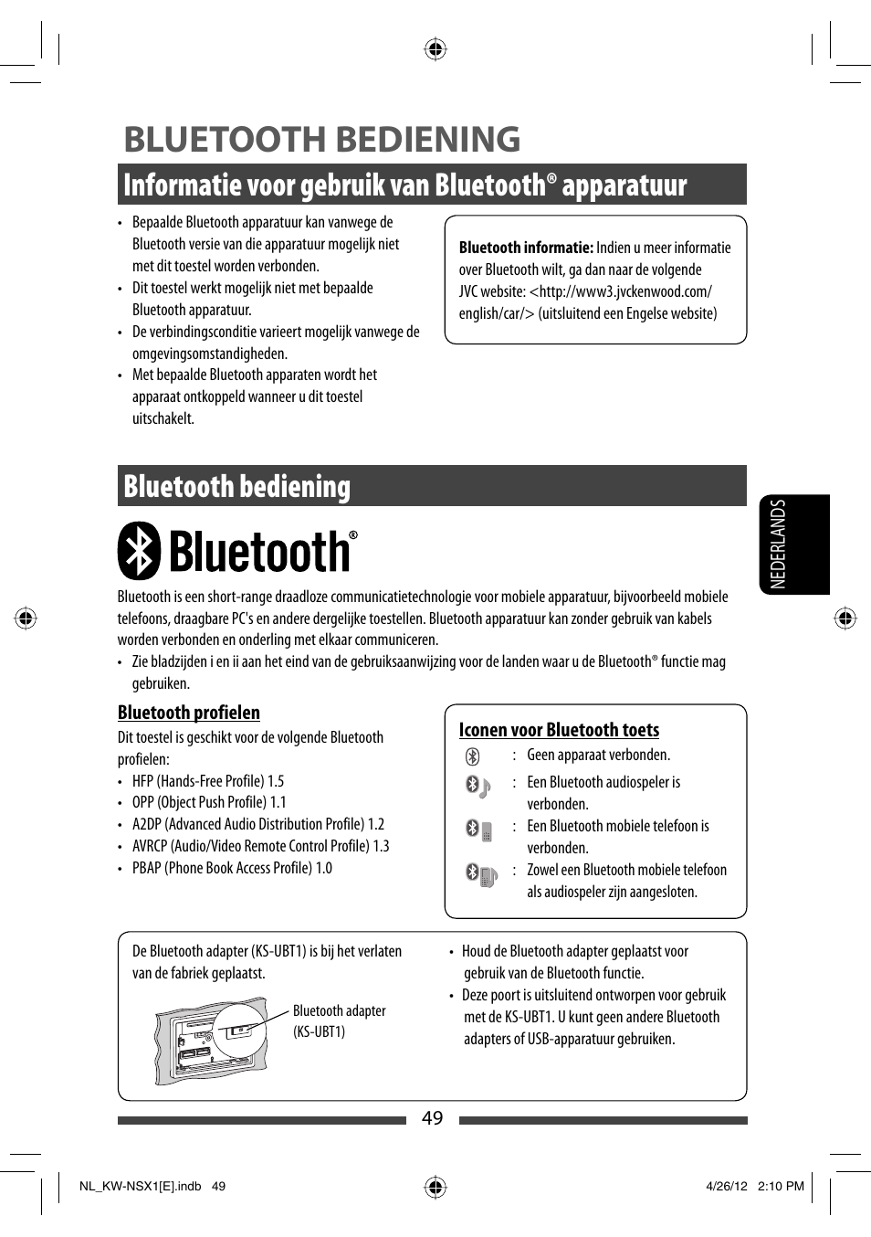 Bluetooth bediening, Informatie voor gebruik van bluetooth® apparatuur | JVC KW-NSX1 User Manual | Page 259 / 282