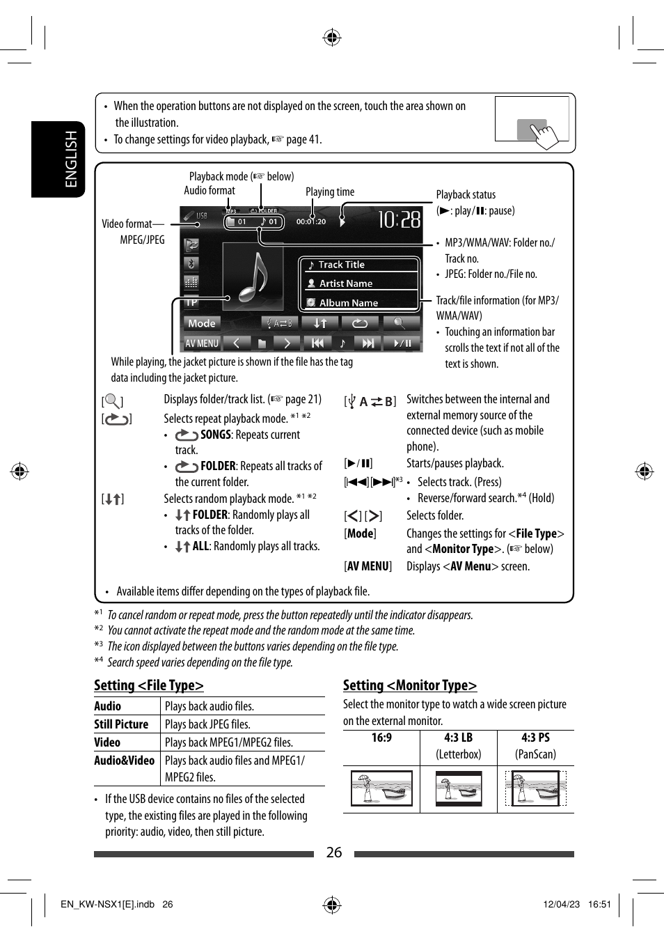 26 english setting <file type, Setting <monitor type | JVC KW-NSX1 User Manual | Page 26 / 282