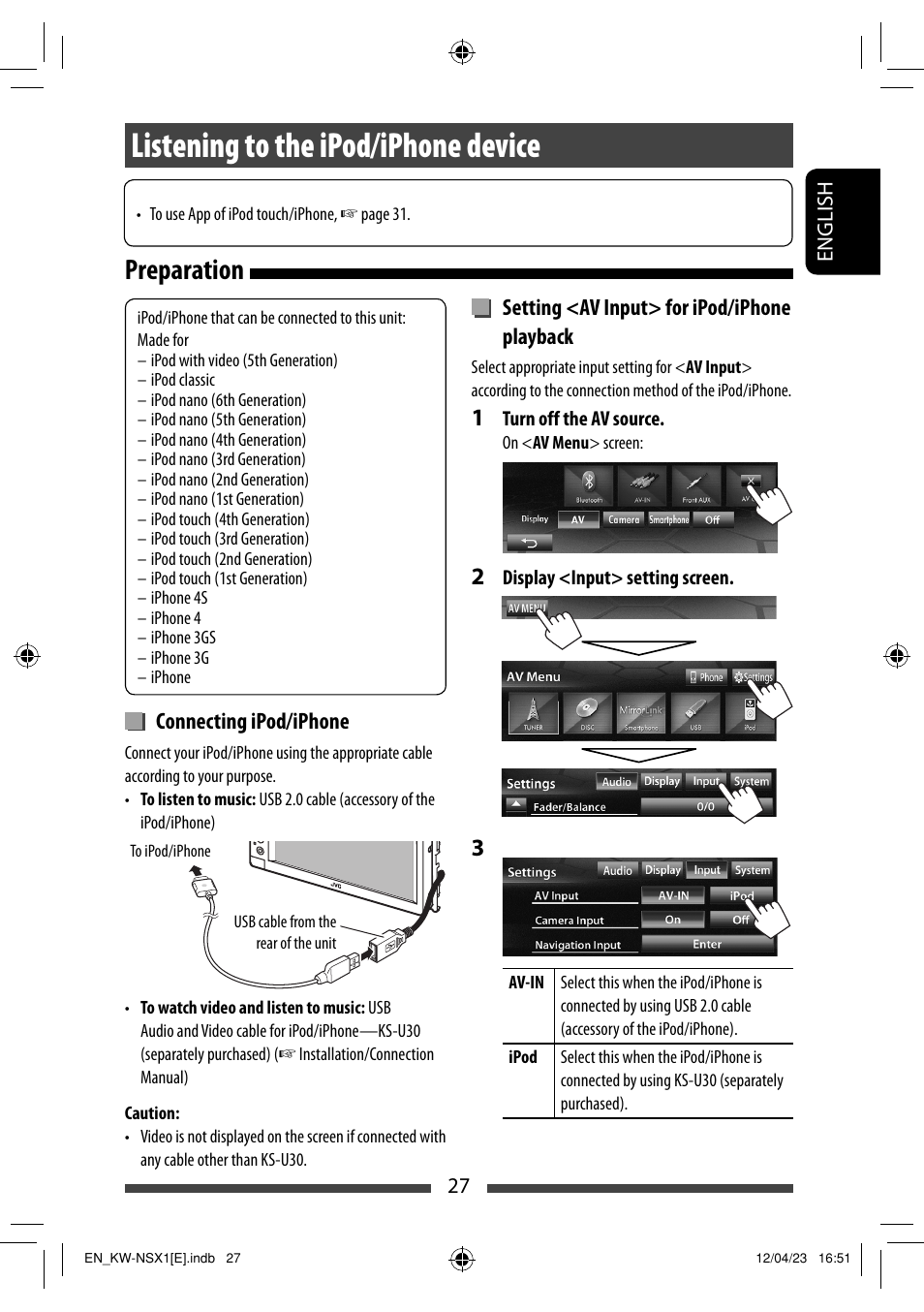 Listening to the ipod/iphone device, Preparation | JVC KW-NSX1 User Manual | Page 27 / 282