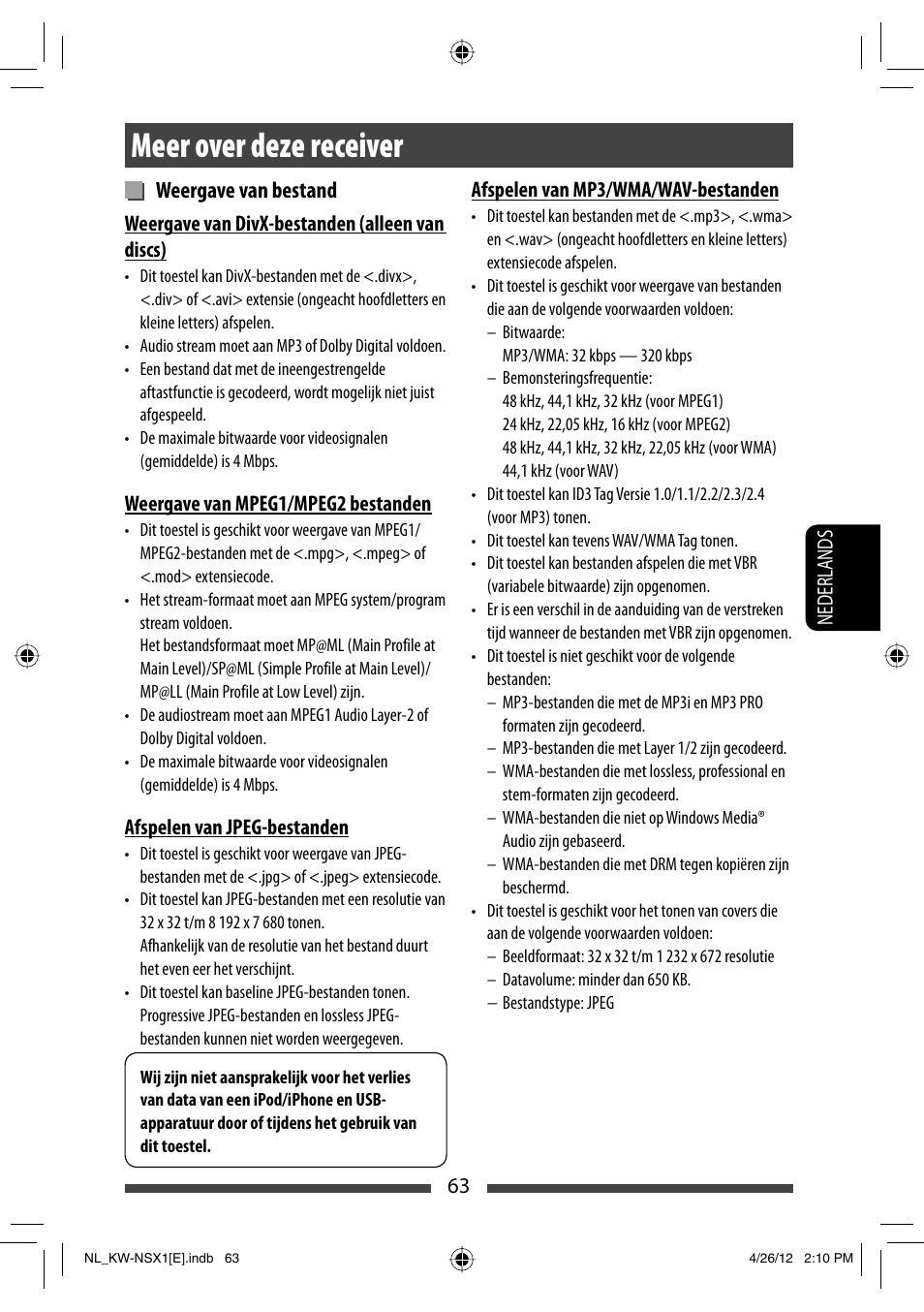 Meer over deze receiver, Weergave van bestand | JVC KW-NSX1 User Manual | Page 273 / 282