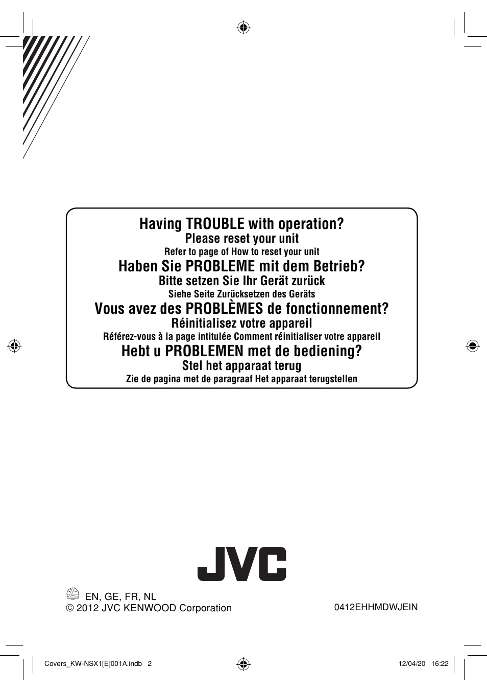 Having trouble with operation, Haben sie probleme mit dem betrieb, Vous avez des problèmes de fonctionnement | Hebt u problemen met de bediening | JVC KW-NSX1 User Manual | Page 282 / 282