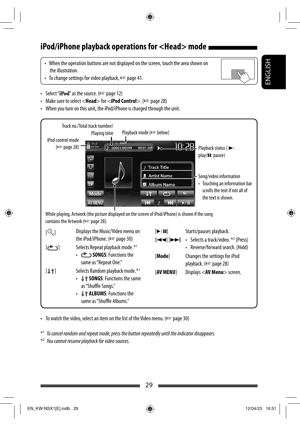 Ipod/iphone playback operations for <head> mode, 29 english | JVC KW-NSX1 User Manual | Page 29 / 282