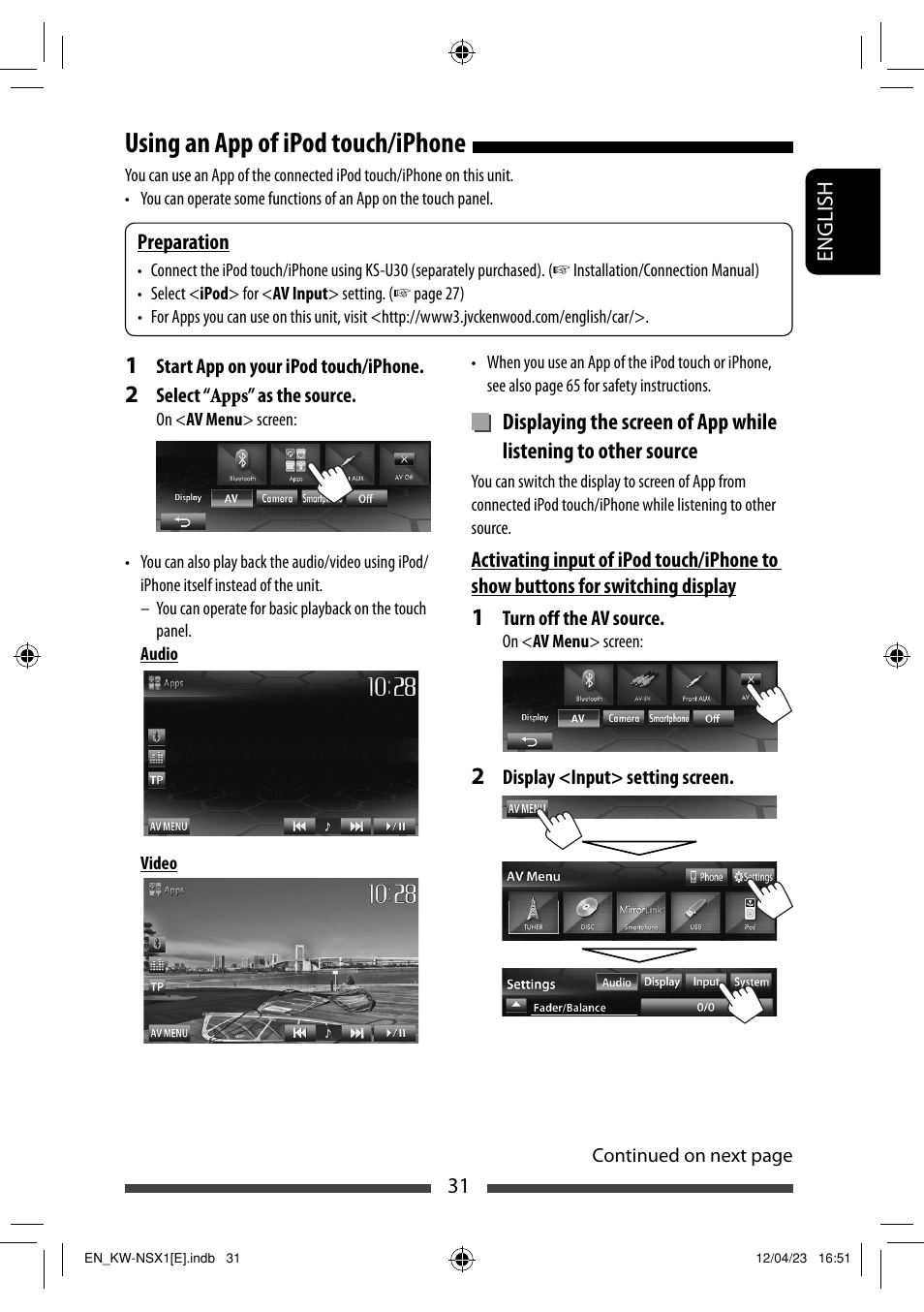 Using an app of ipod touch/iphone | JVC KW-NSX1 User Manual | Page 31 / 282