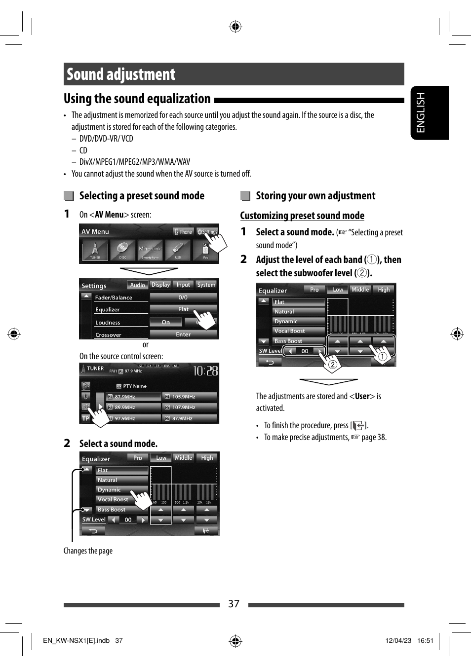 Sound adjustment, Using the sound equalization | JVC KW-NSX1 User Manual | Page 37 / 282