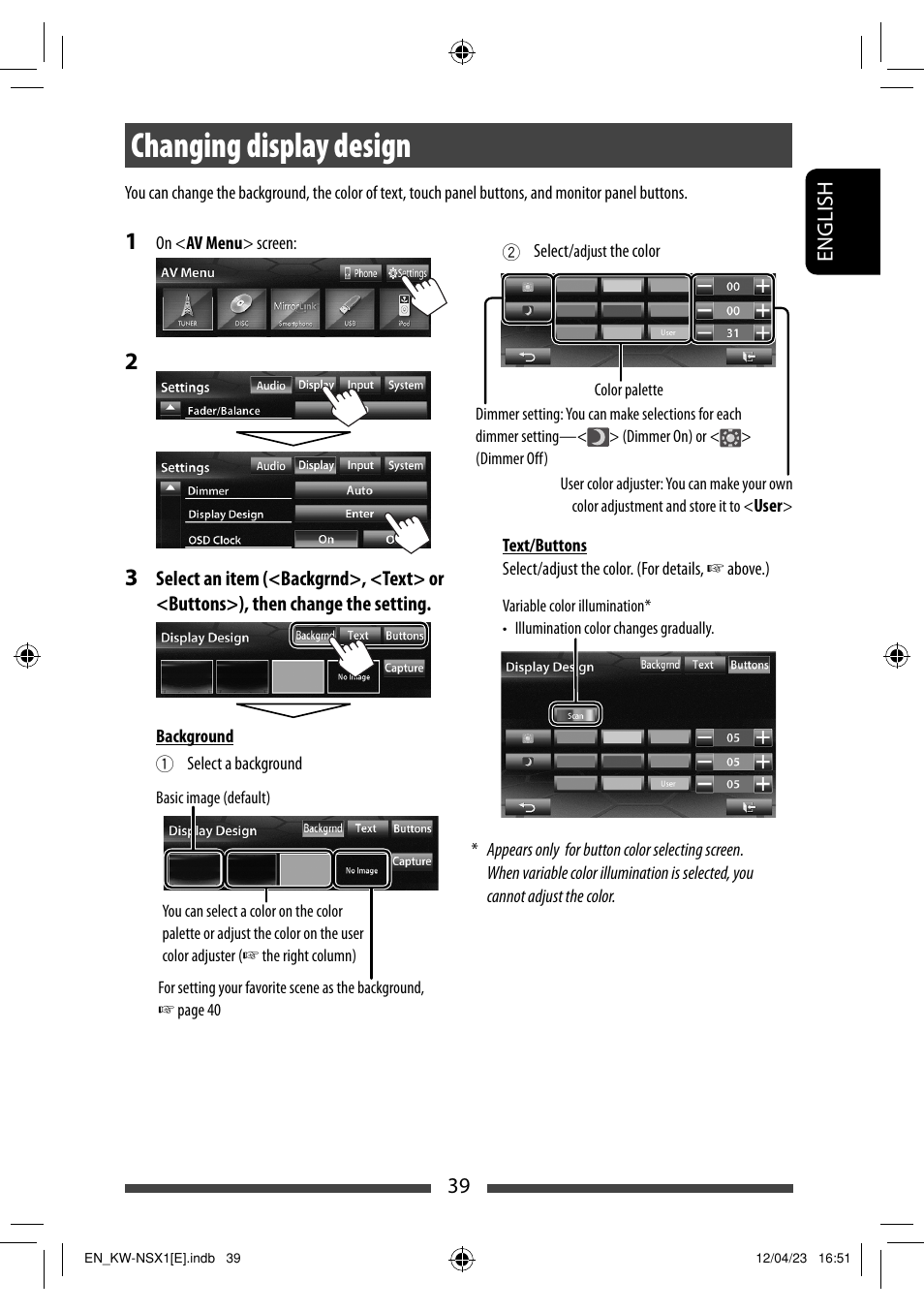 Changing display design | JVC KW-NSX1 User Manual | Page 39 / 282