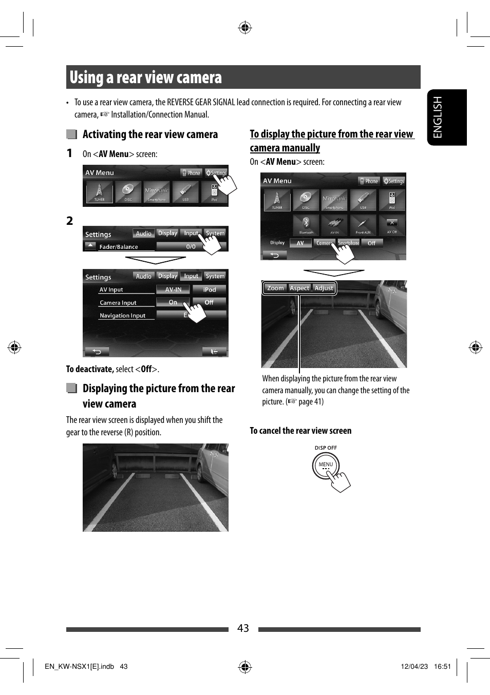 Using a rear view camera | JVC KW-NSX1 User Manual | Page 43 / 282