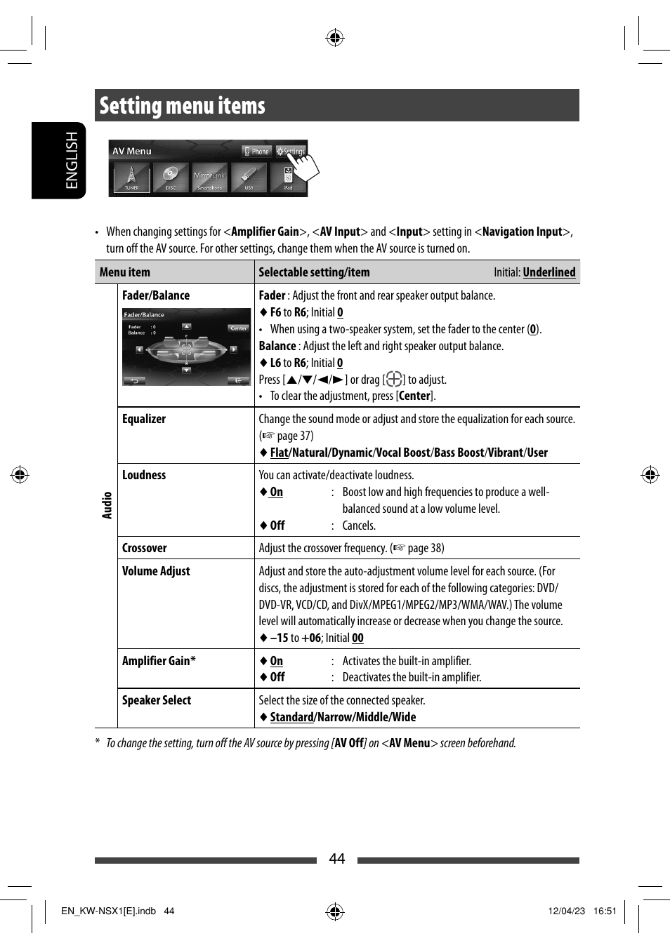 Setting menu items | JVC KW-NSX1 User Manual | Page 44 / 282