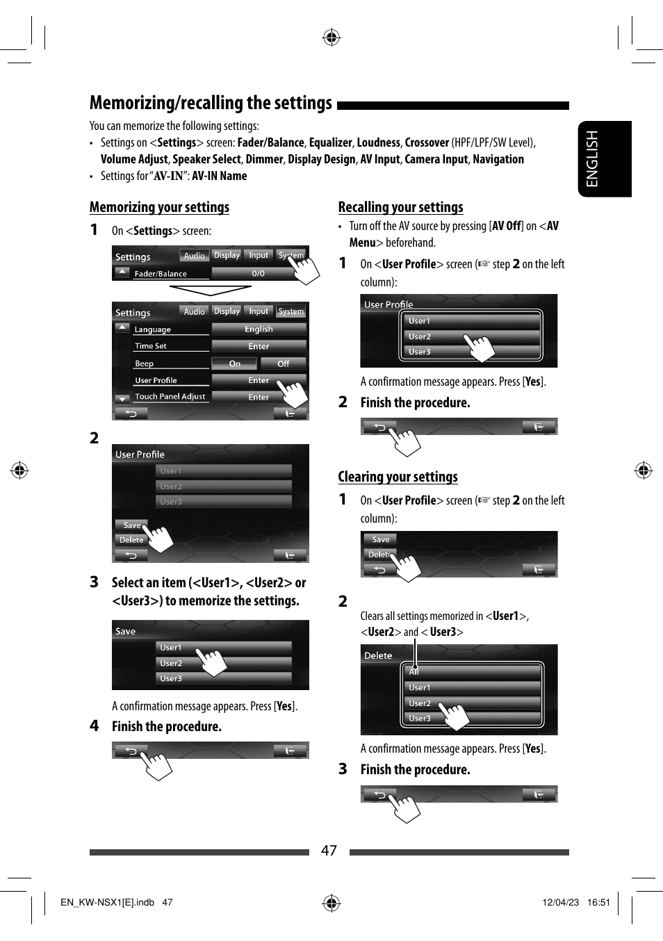 Memorizing/recalling the settings | JVC KW-NSX1 User Manual | Page 47 / 282