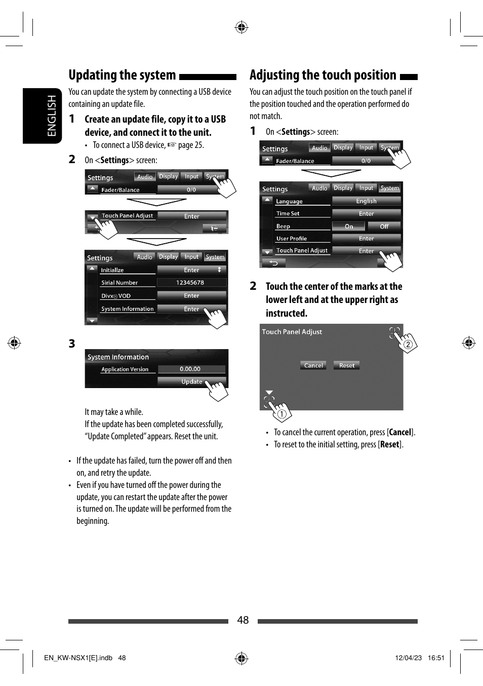 Updating the system, Adjusting the touch position | JVC KW-NSX1 User Manual | Page 48 / 282