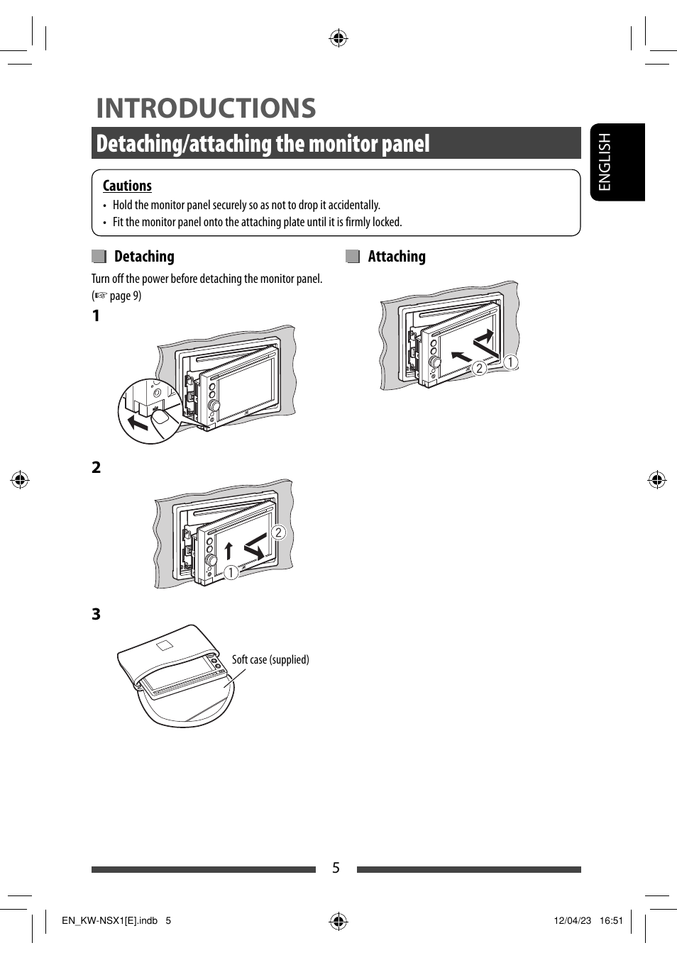 Introductions, Detaching/attaching the monitor panel | JVC KW-NSX1 User Manual | Page 5 / 282