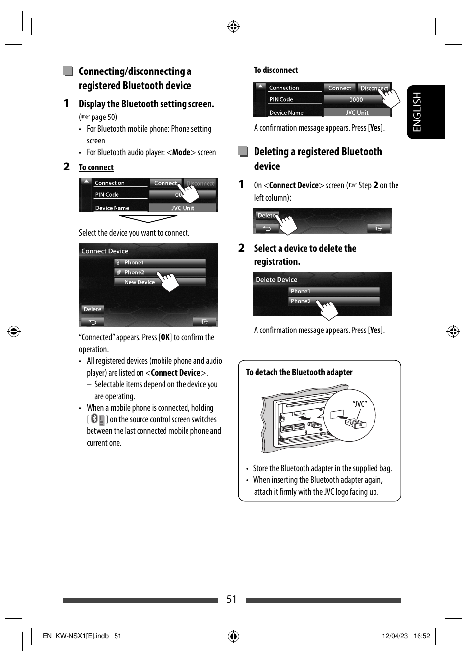 Deleting a registered bluetooth device | JVC KW-NSX1 User Manual | Page 51 / 282