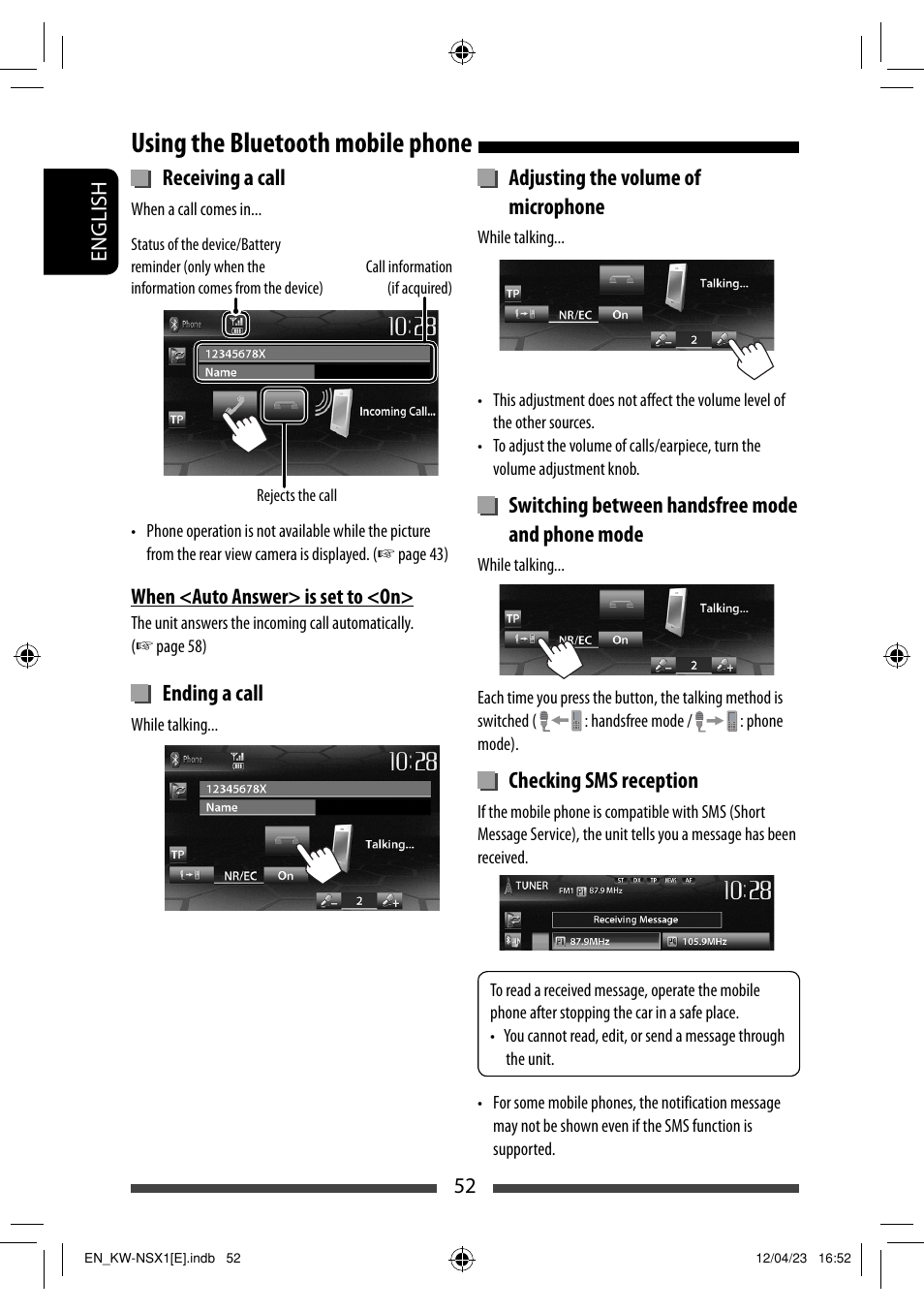 Using the bluetooth mobile phone, Receiving a call, Ending a call | Adjusting the volume of microphone, Switching between handsfree mode and phone mode, Checking sms reception | JVC KW-NSX1 User Manual | Page 52 / 282