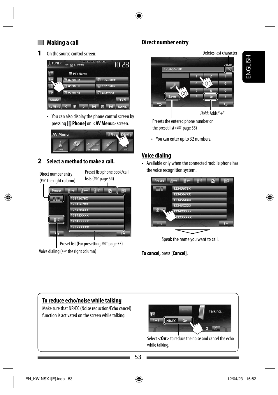 Making a call | JVC KW-NSX1 User Manual | Page 53 / 282