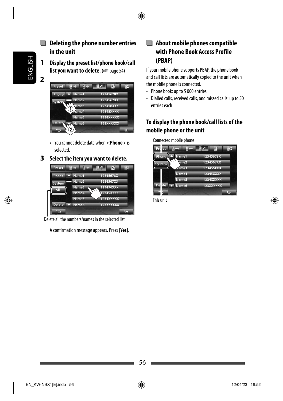 Deleting the phone number entries in the unit | JVC KW-NSX1 User Manual | Page 56 / 282