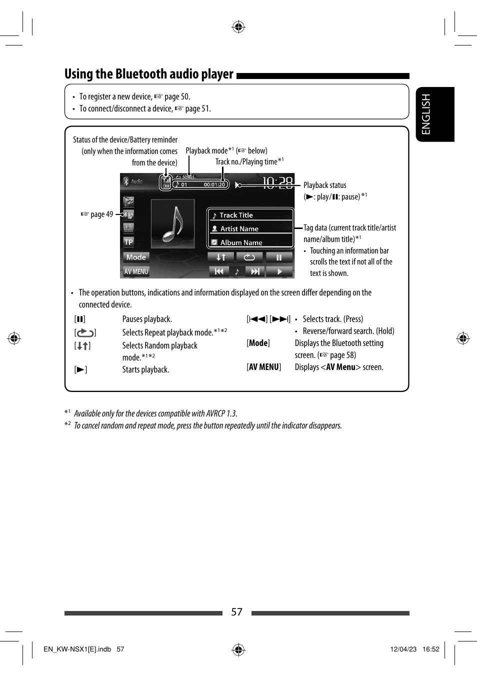 Using the bluetooth audio player, 57 english | JVC KW-NSX1 User Manual | Page 57 / 282