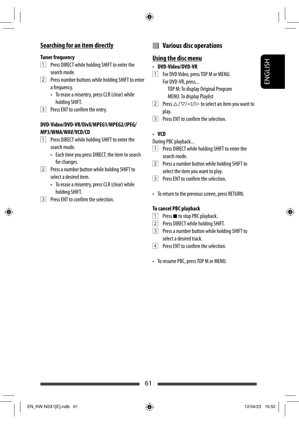 Various disc operations | JVC KW-NSX1 User Manual | Page 61 / 282