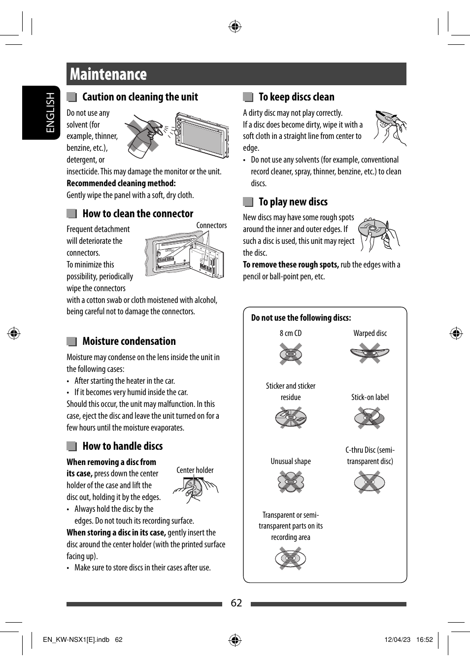 Maintenance, Caution on cleaning the unit, How to clean the connector | Moisture condensation, How to handle discs | JVC KW-NSX1 User Manual | Page 62 / 282