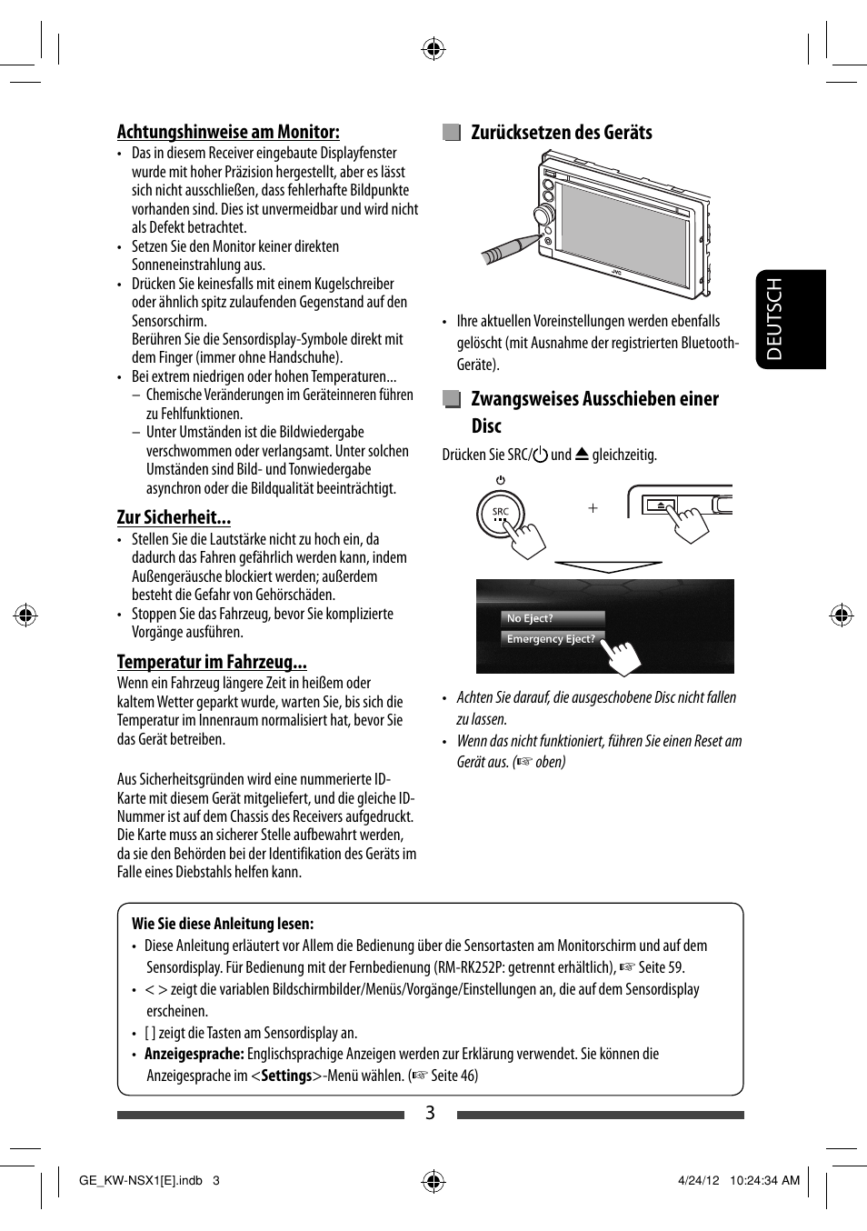 Zurücksetzen des geräts, Zwangsweises ausschieben einer disc | JVC KW-NSX1 User Manual | Page 73 / 282