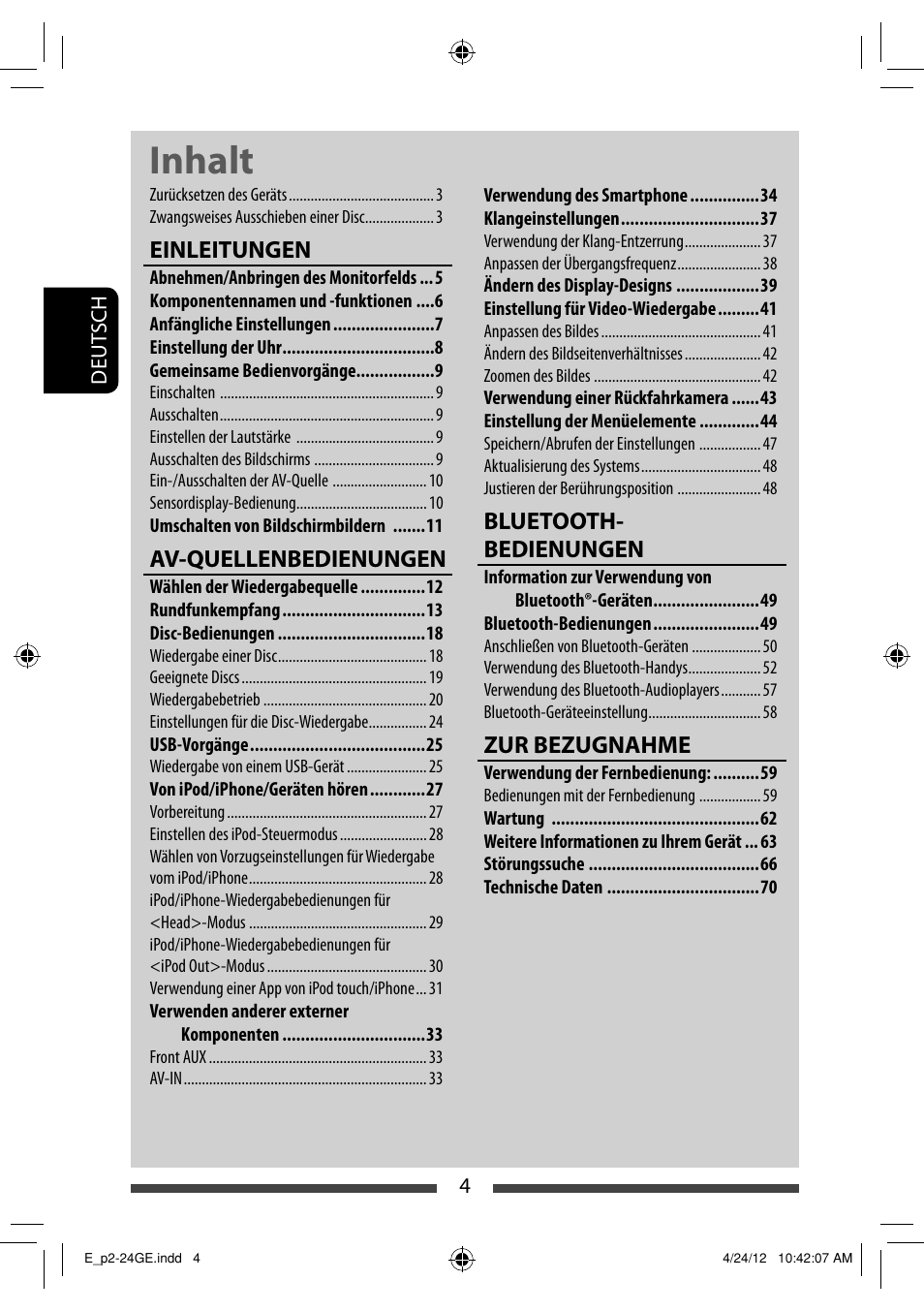 Inhalt, Einleitungen, Av-quellenbedienungen | Bluetooth- bedienungen, Zur bezugnahme | JVC KW-NSX1 User Manual | Page 74 / 282