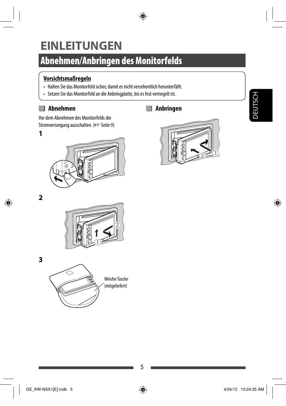 Einleitungen, Abnehmen/anbringen des monitorfelds | JVC KW-NSX1 User Manual | Page 75 / 282