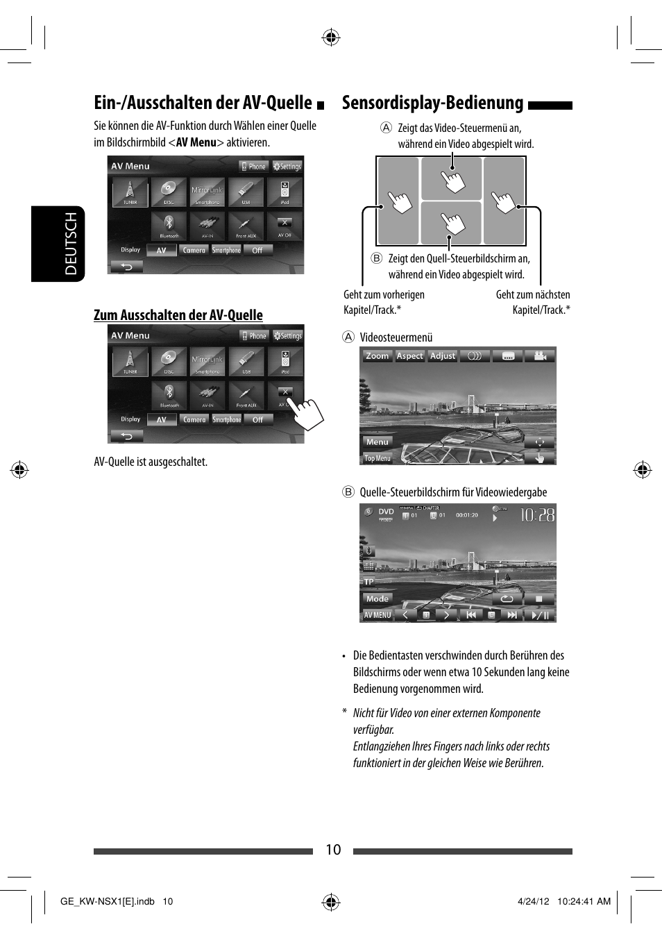 Sensordisplay-bedienung, Ein-/ausschalten der av-quelle | JVC KW-NSX1 User Manual | Page 80 / 282