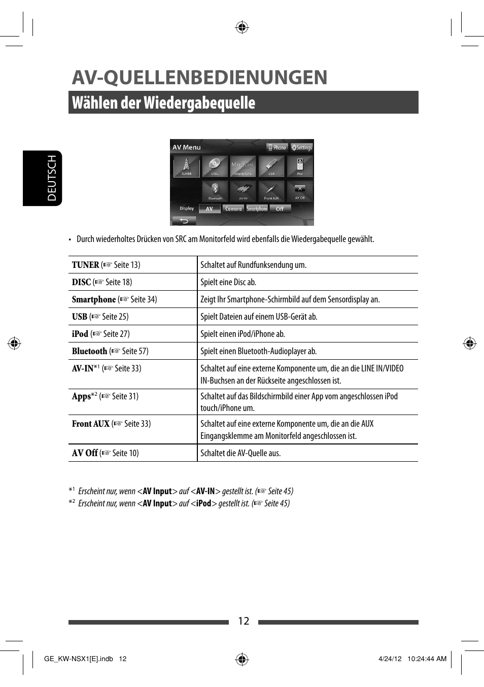 Av-quellenbedienungen, Wählen der wiedergabequelle | JVC KW-NSX1 User Manual | Page 82 / 282