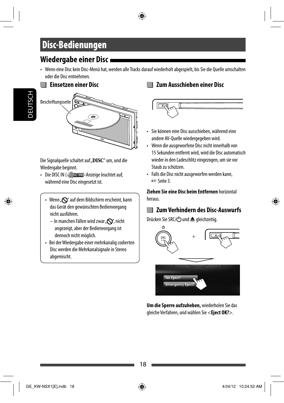 Disc-bedienungen, Wiedergabe einer disc | JVC KW-NSX1 User Manual | Page 88 / 282