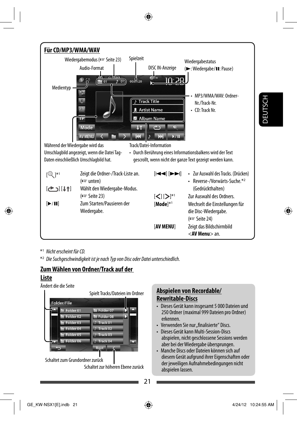 Zum wählen von ordner/track auf der liste, Für cd/mp3/wma/wav | JVC KW-NSX1 User Manual | Page 91 / 282