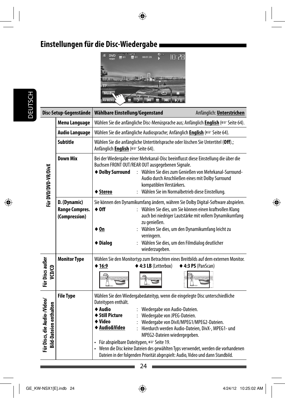 Einstellungen für die disc-wiedergabe | JVC KW-NSX1 User Manual | Page 94 / 282